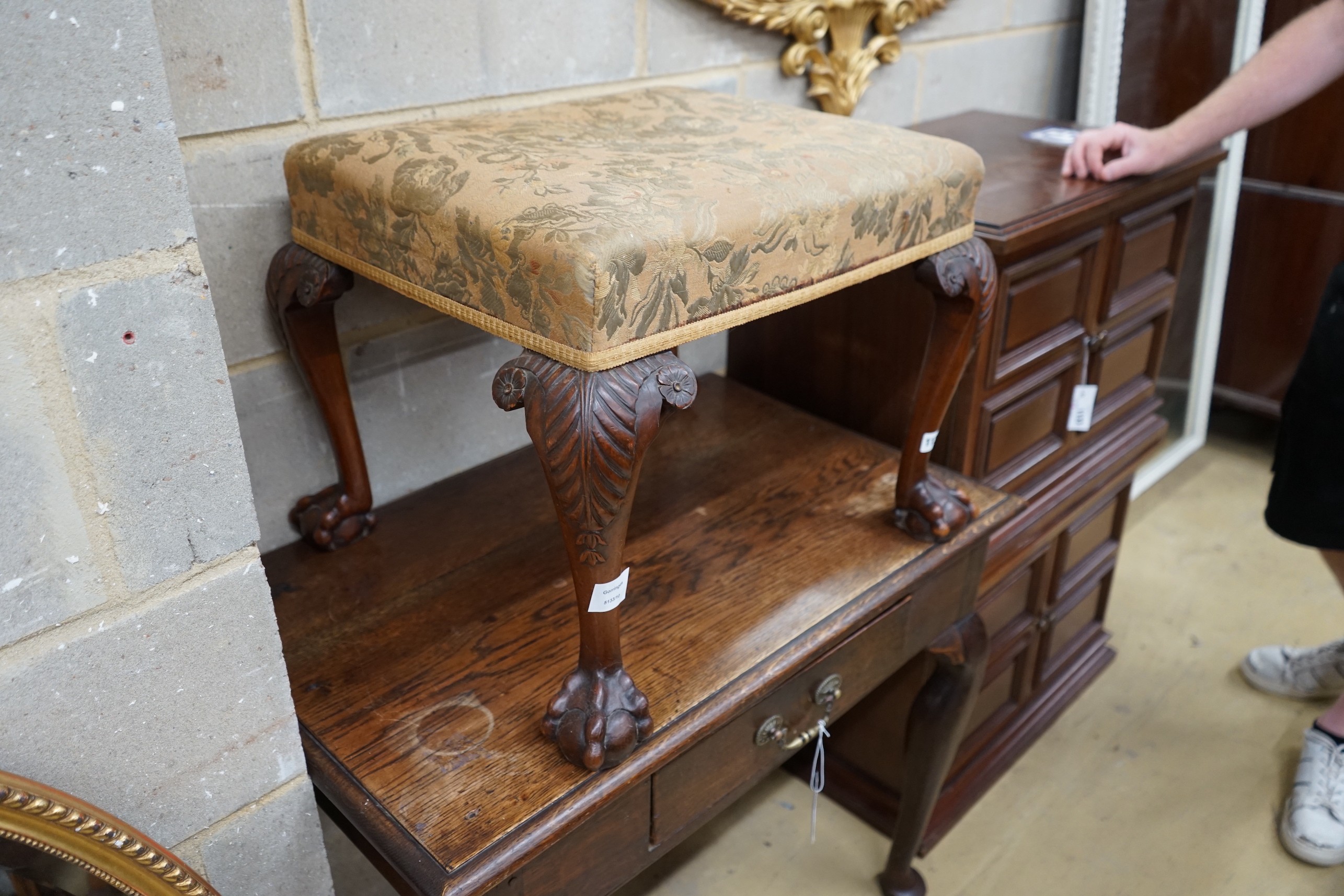 A George II style walnut dressing stool, width 57cm, depth 49cm, height 44cm